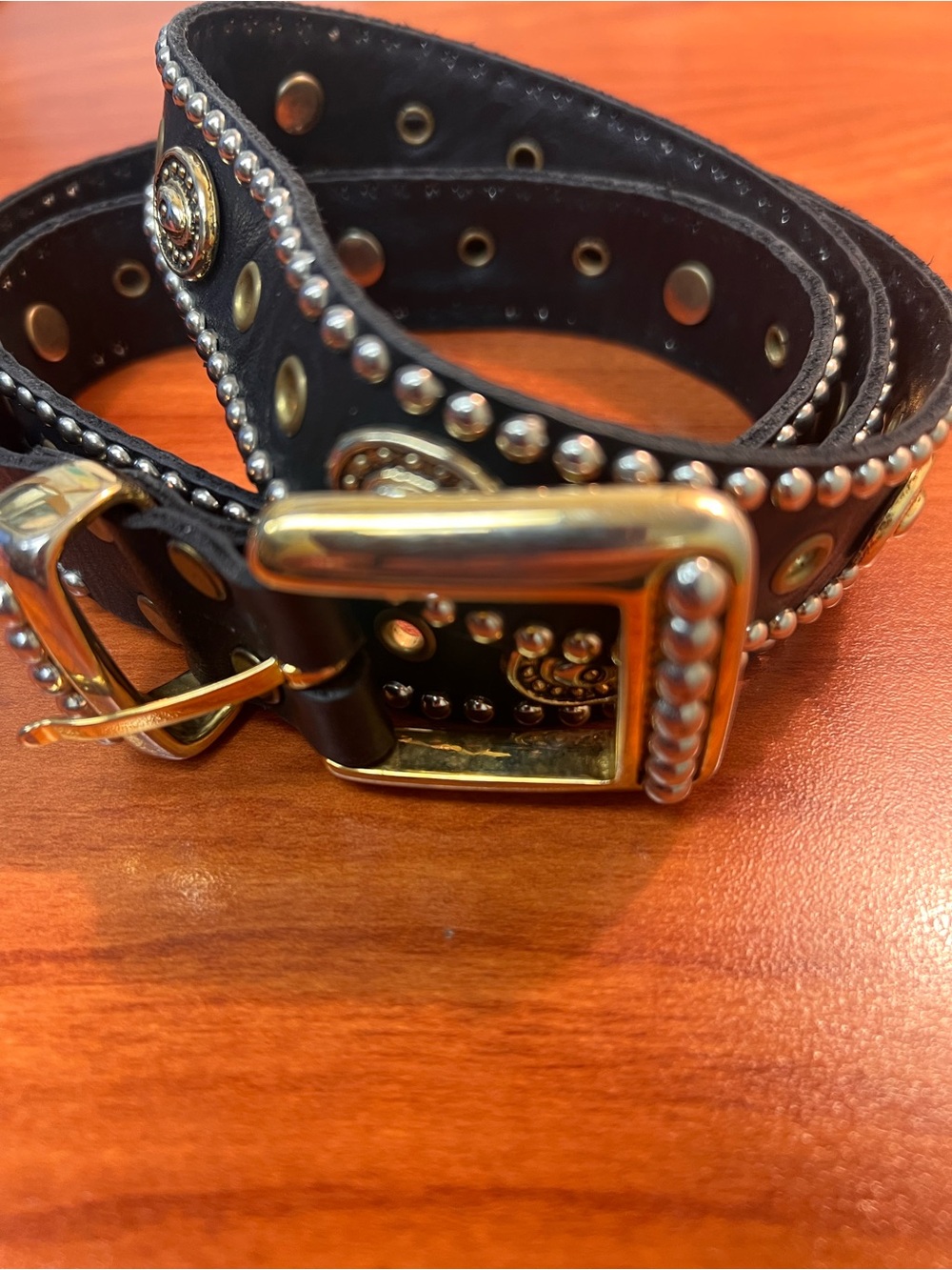 Studded Black Leather Belt with Gold Hardware. Sand Castle New York
